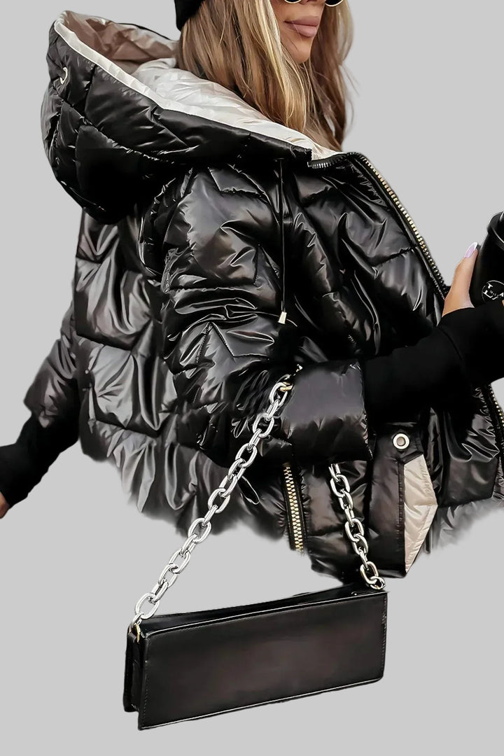Women's Hooded Puffer Jacket with Gold Hardware and Diamond Quilting
