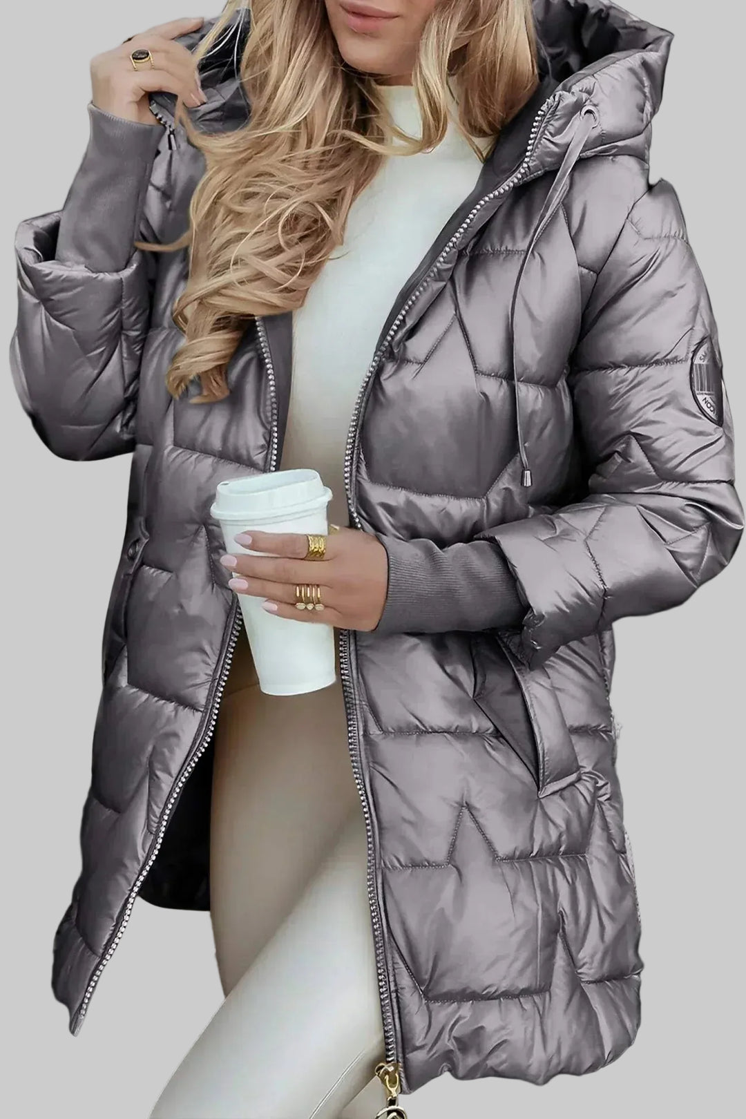 Women's Hooded Puffer Jacket with Gold Hardware and Diamond Quilting