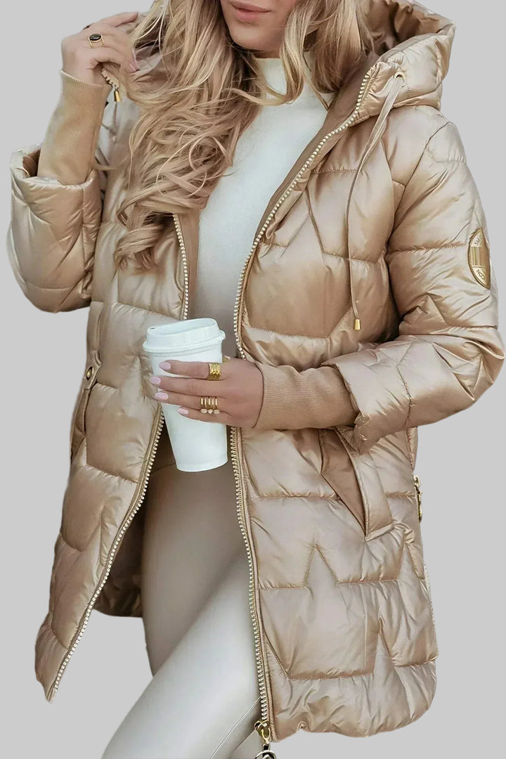Women's Hooded Puffer Jacket with Gold Hardware and Diamond Quilting