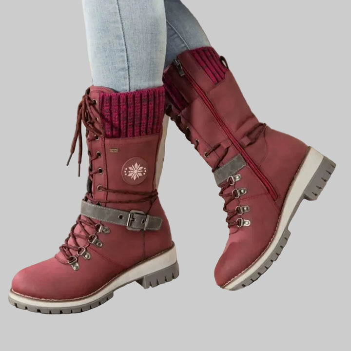Women's Insulated Mid-Calf Winter Boots with Lace-Up Front, Side Zip and Knitted Cuff