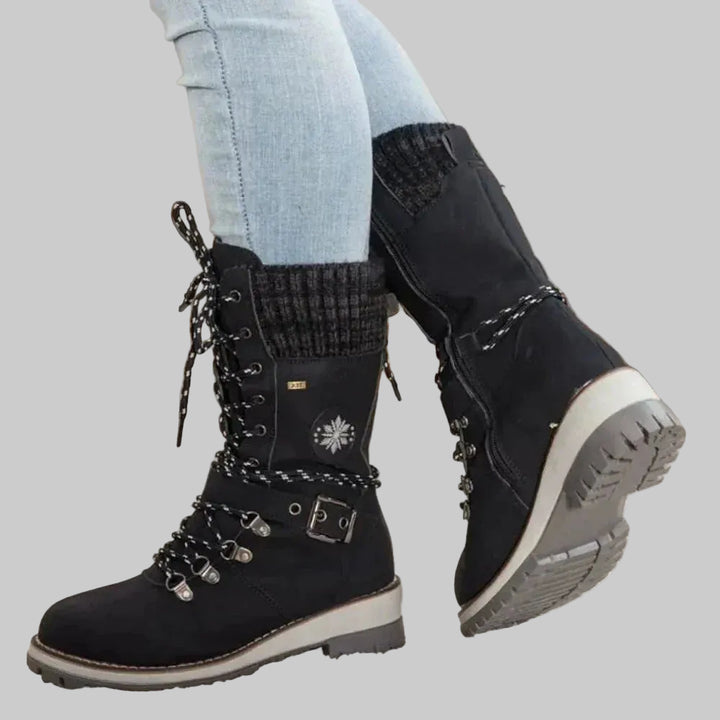 Women's Insulated Mid-Calf Winter Boots with Lace-Up Front, Side Zip and Knitted Cuff