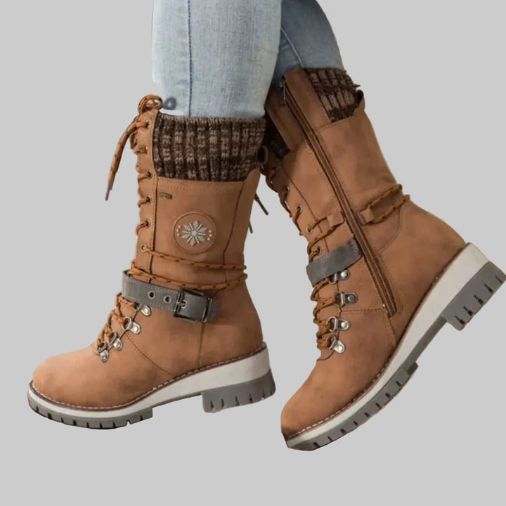 Women's Insulated Mid-Calf Winter Boots with Lace-Up Front, Side Zip and Knitted Cuff