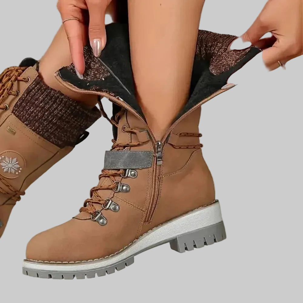 Women's Insulated Mid-Calf Winter Boots with Lace-Up Front, Side Zip and Knitted Cuff