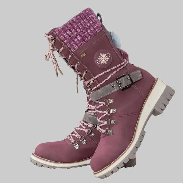 Women's Insulated Mid-Calf Winter Boots with Lace-Up Front, Side Zip and Knitted Cuff
