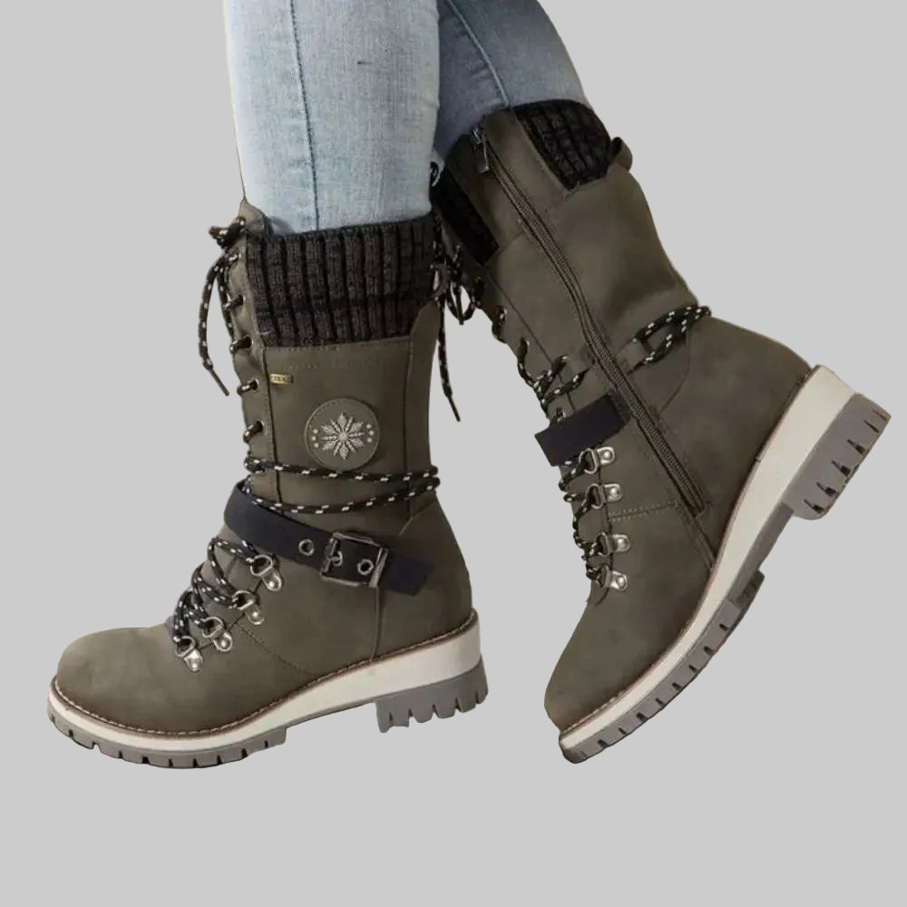 Women's Insulated Mid-Calf Winter Boots with Lace-Up Front, Side Zip and Knitted Cuff