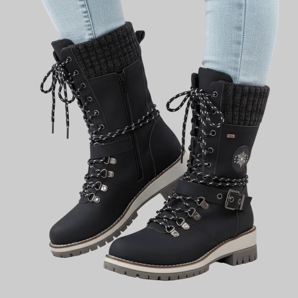 Women's Insulated Mid-Calf Winter Boots with Lace-Up Front, Side Zip and Knitted Cuff