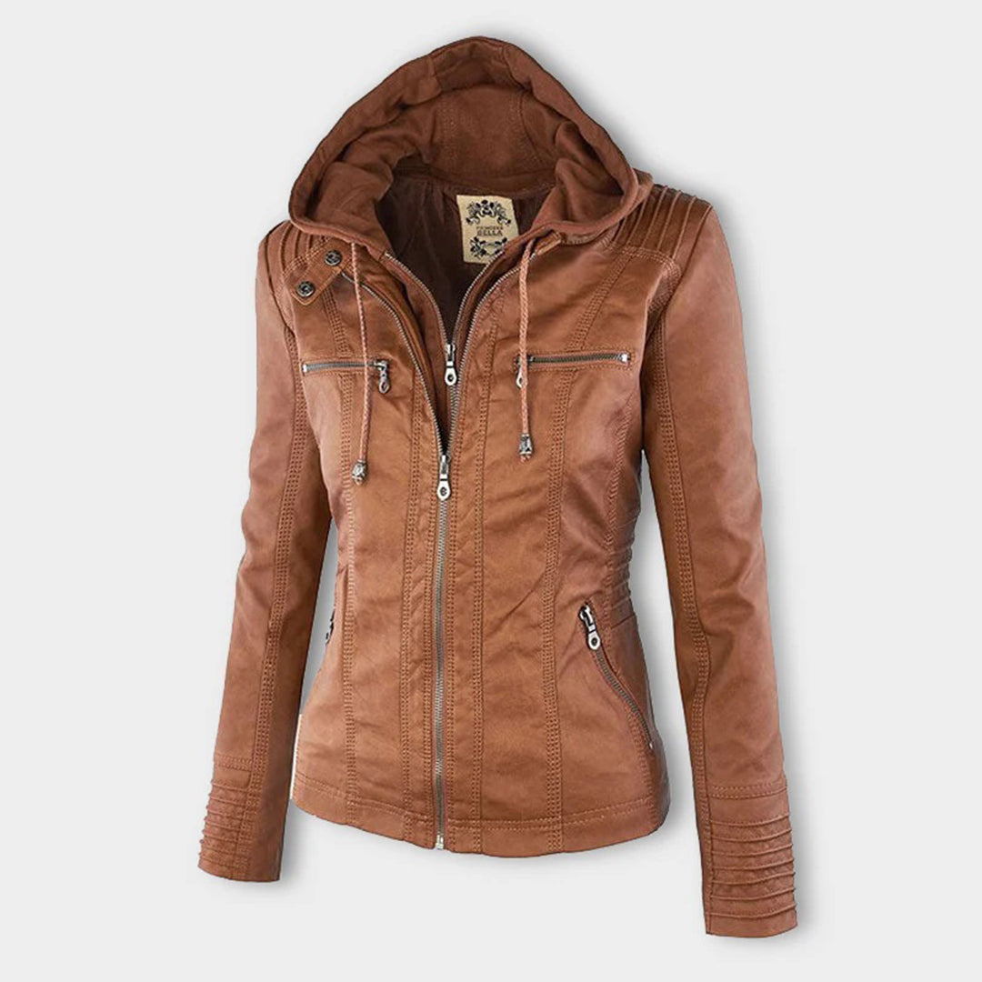 Hooded Biker Jacket with Zipped Pockets and Shaped Waist