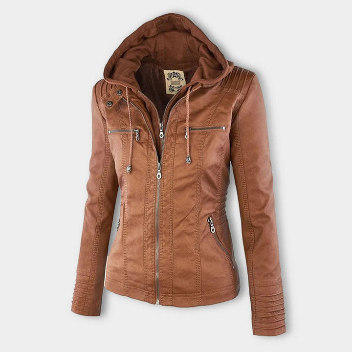 Hooded Biker Jacket with Zipped Pockets and Shaped Waist