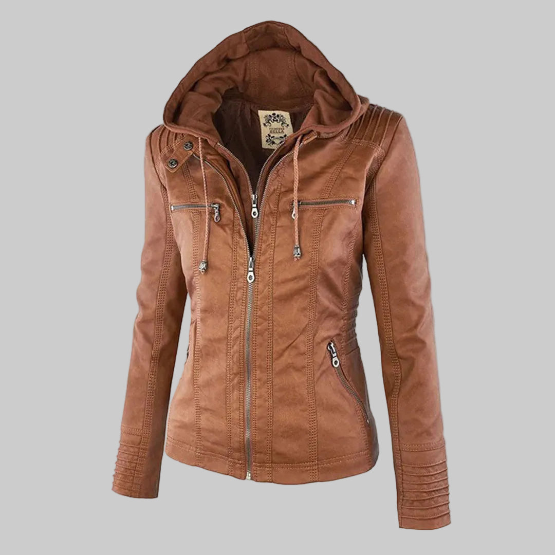 Women's Fitted Leather-Look Jacket with Front Zip and Zipped Pockets