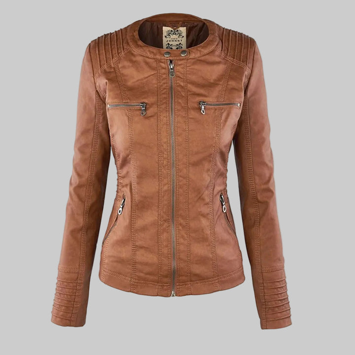 Women's Fitted Leather-Look Jacket with Front Zip and Zipped Pockets