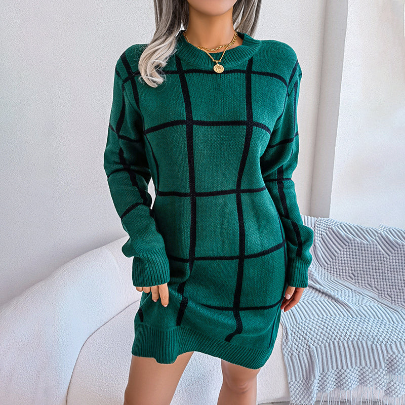 Women's Loose-Fit Checked Knit Dress - Green