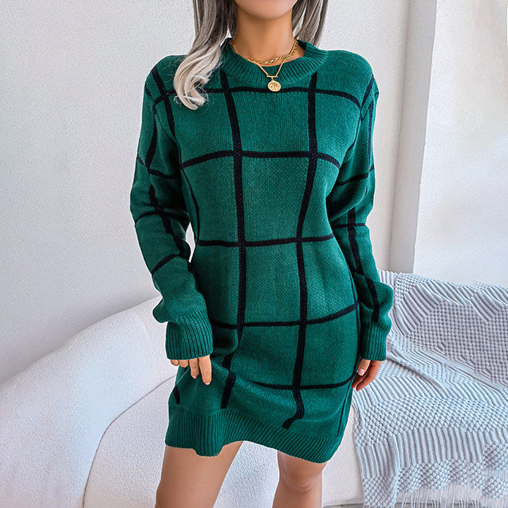 Women's Loose-Fit Checked Knit Dress - Green