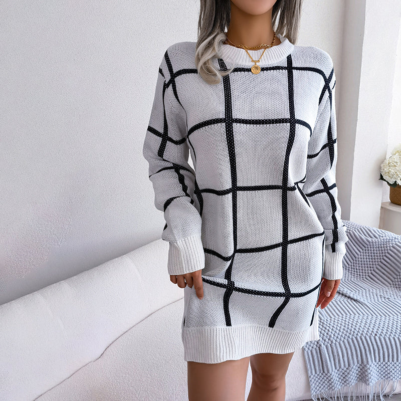 Women's Loose-Fit Checked Knit Dress - White
