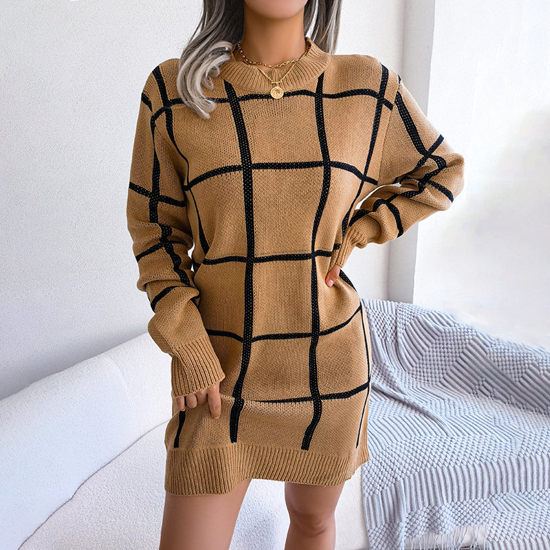 Women's Loose-Fit Checked Knit Dress - Khaki