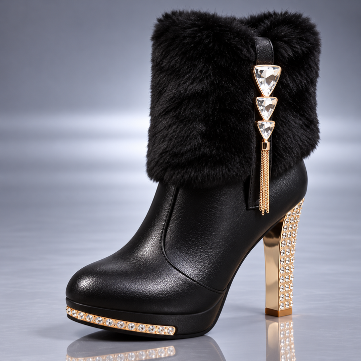 Women's Crystal-Embellished Fur-Trim Stiletto Ankle Boots