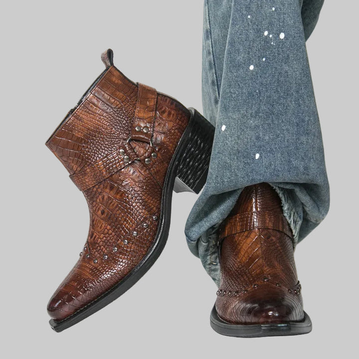 Men's Croc-Effect Buckle Ankle Boots with Block Heel