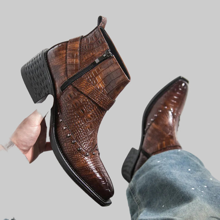 Men's Croc-Effect Buckle Ankle Boots with Block Heel