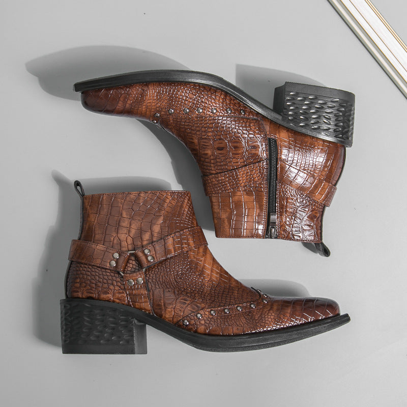 Men's Croc-Effect Buckle Ankle Boots with Block Heel