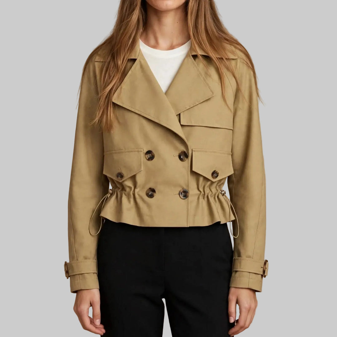 Women's Cropped Double-Breasted Trench Coat with Drawstring Waist
