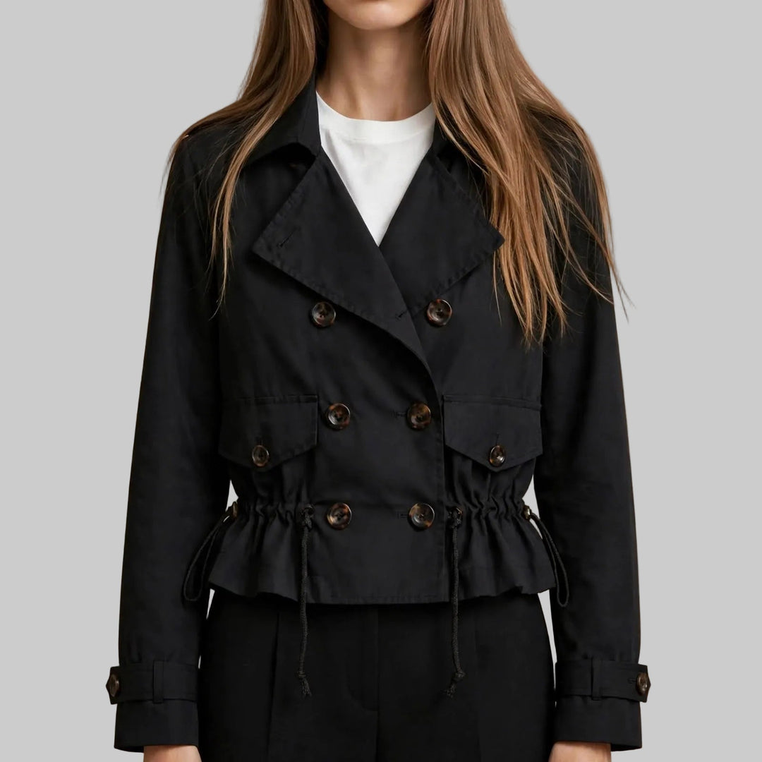 Women's Cropped Double-Breasted Trench Coat with Drawstring Waist