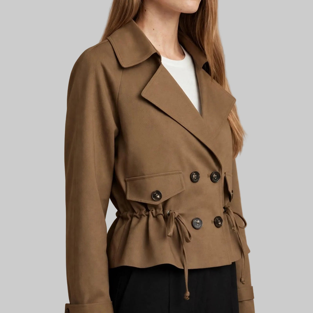 Women's Cropped Double-Breasted Trench Coat with Drawstring Waist