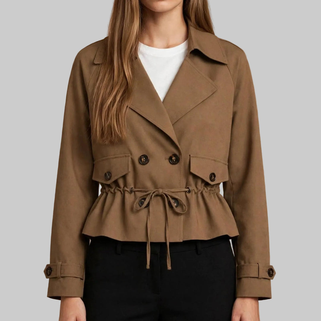 Women's Cropped Double-Breasted Trench Coat with Drawstring Waist