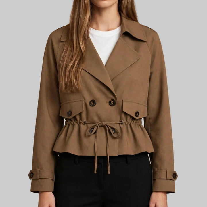 Women's Cropped Double-Breasted Trench Coat with Drawstring Waist