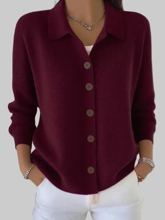 Women's Relaxed Fit Knitted Cardigan with Collar and Button Front