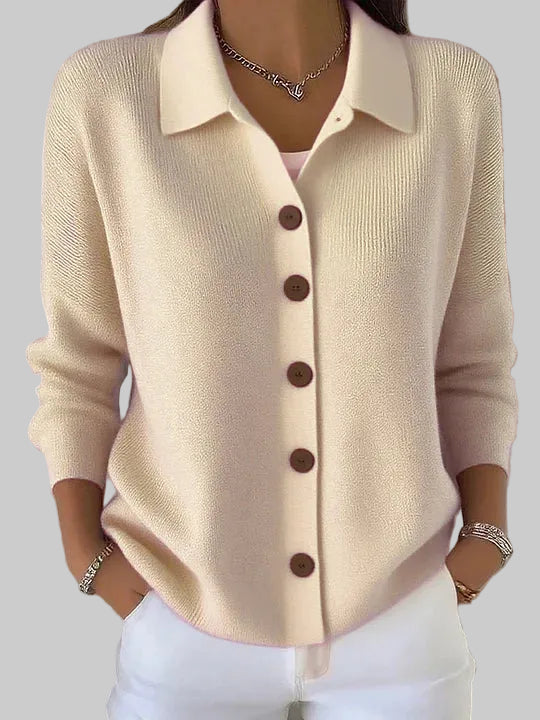 Women's Relaxed Fit Knitted Cardigan with Collar and Button Front
