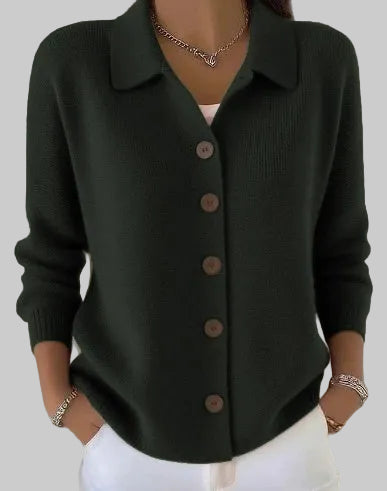 Women's Relaxed Fit Knitted Cardigan with Collar and Button Front