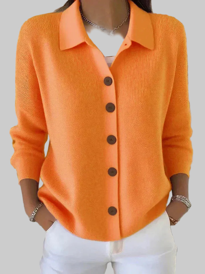 Women's Relaxed Fit Knitted Cardigan with Collar and Button Front