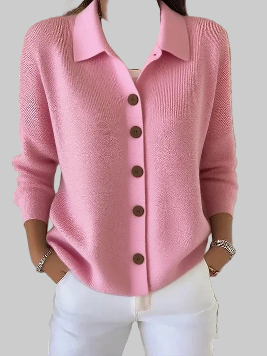 Women's Relaxed Fit Knitted Cardigan with Collar and Button Front