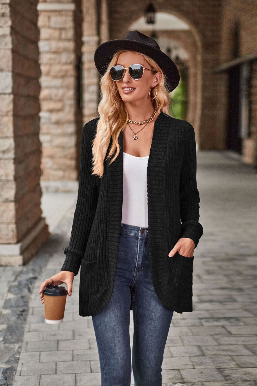 Women's Longline Open-Front Cardigan with Patch Pockets - Black