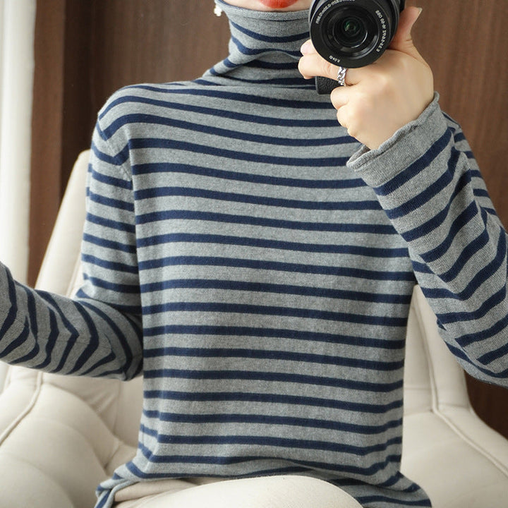 Women's Striped Fine-Knit Turtleneck Jumper - Gray Blue