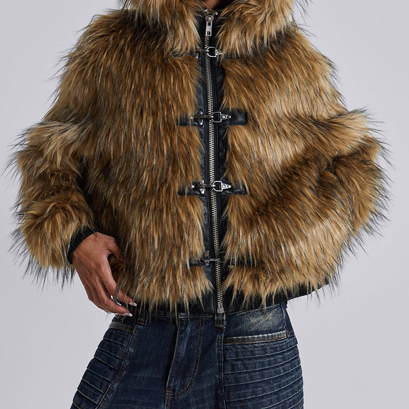 Women's Faux Fur Hooded Jacket with Toggle Closures