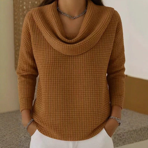 Women's Waffle Knit Cowl Neck Jumper - Brown