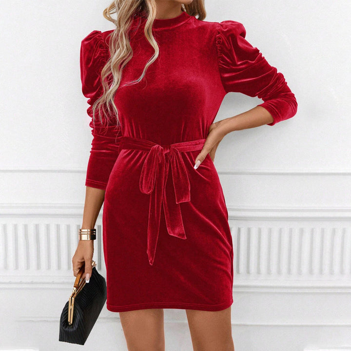 Women's Velvet Puff Sleeve Mini Dress with Tie Belt