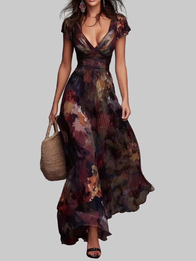 Women's Floral Pleated Maxi Dress with Deep V Neck and High-Low Hem
