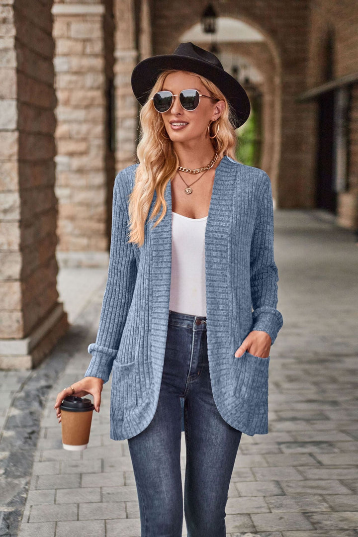 Women's Longline Open-Front Cardigan with Patch Pockets - Sky Blue