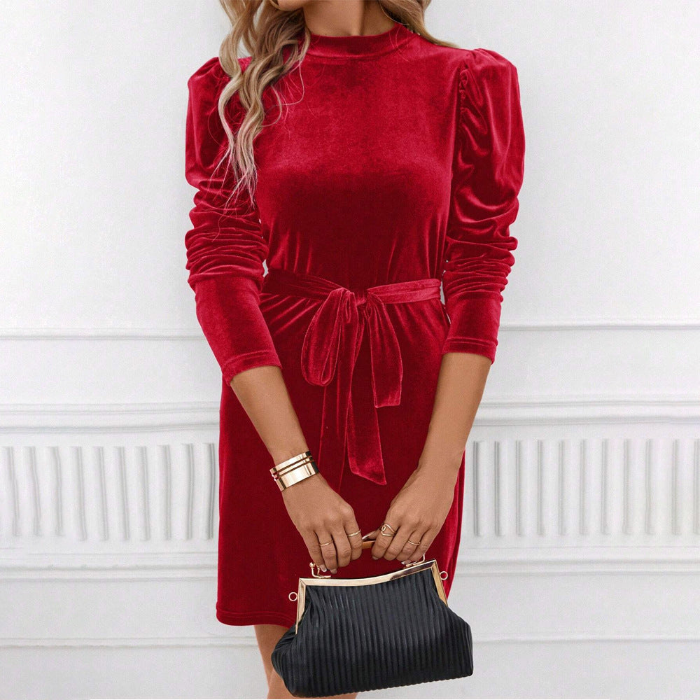 Women's Velvet Puff Sleeve Mini Dress with Tie Belt