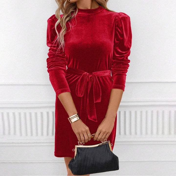 Women's Velvet Puff Sleeve Mini Dress with Tie Belt