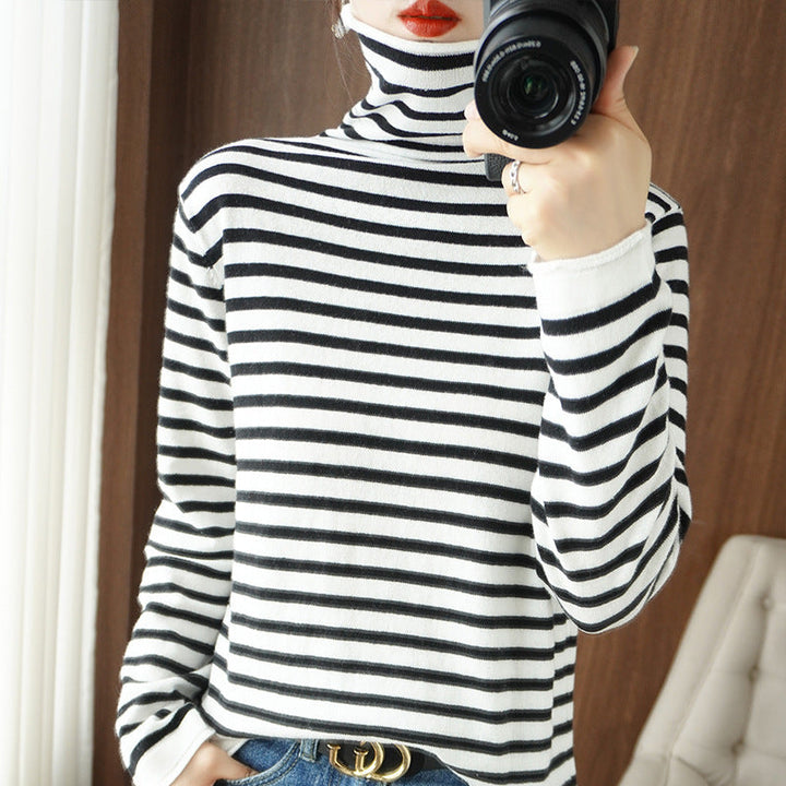 Women's Striped Fine-Knit Turtleneck Jumper - Black-White