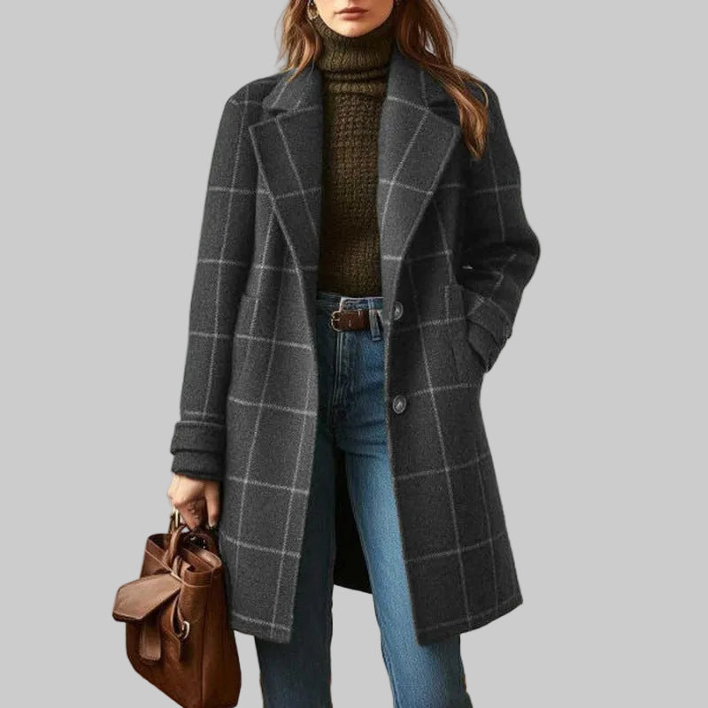 Women's Tailored Plaid Tweed Coat with Lapel Collar