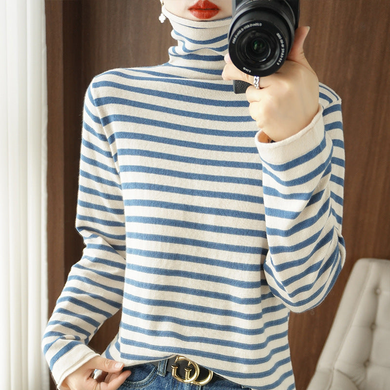 Women's Striped Fine-Knit Turtleneck Jumper