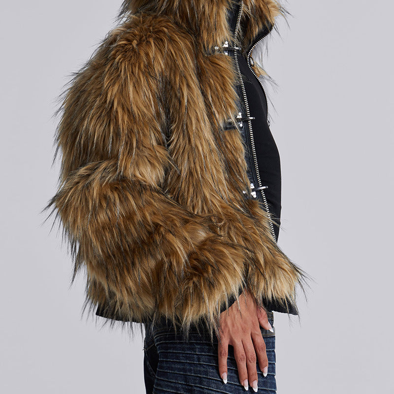 Women's Faux Fur Hooded Jacket with Toggle Closures