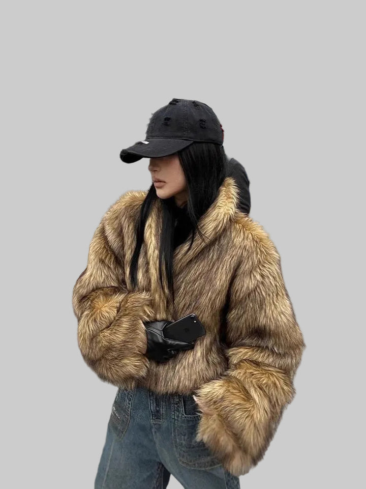 Women's Faux Fur Hooded Jacket with Toggle Closures