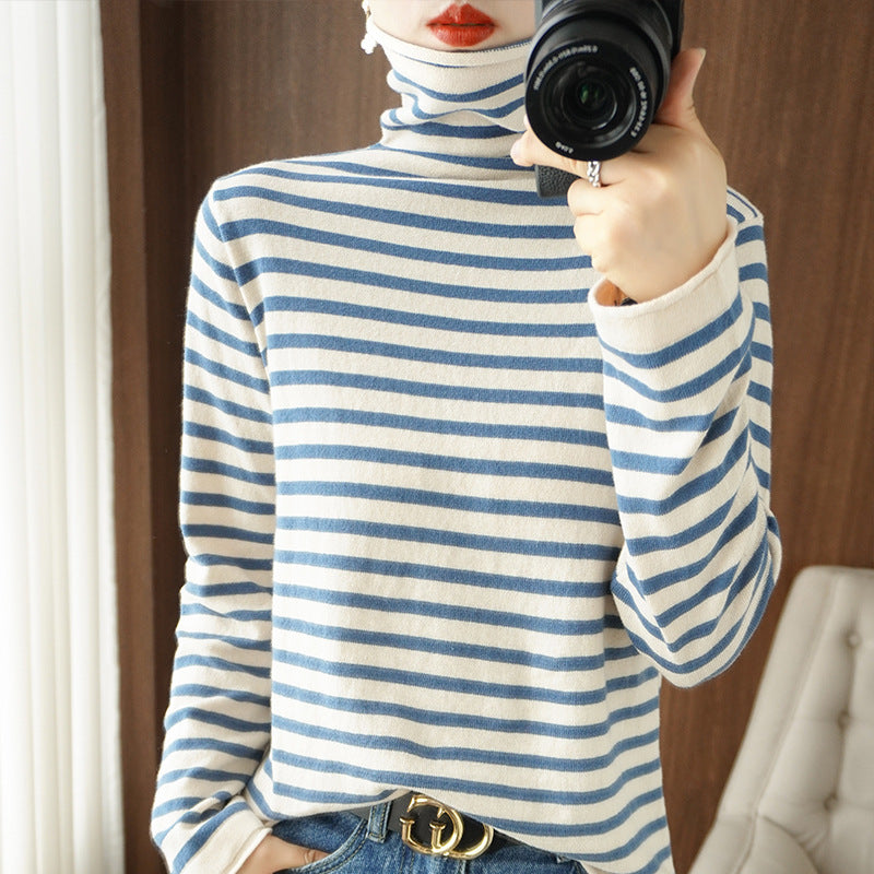 Women's Striped Fine-Knit Turtleneck Jumper - Sand Blue