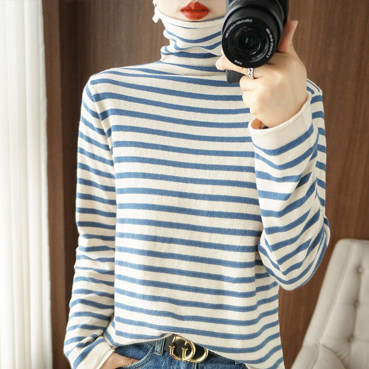 Women's Striped Fine-Knit Turtleneck Jumper - Sand Blue