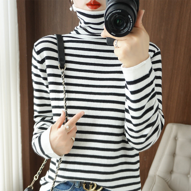 Women's Striped Fine-Knit Turtleneck Jumper