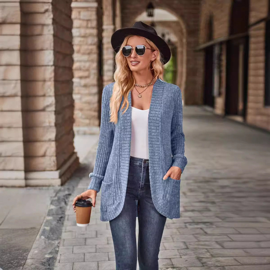 Women's Longline Open-Front Cardigan with Patch Pockets